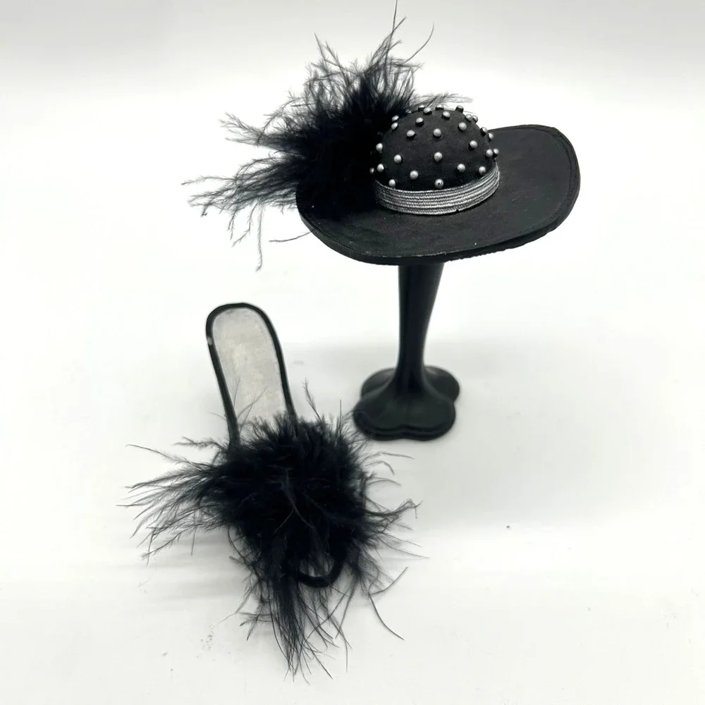 Vintage Miniature Set‎ of 2 Shoe Hat and Stand Collectible Black Feathers